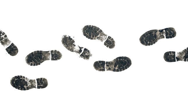 Scattered muddy boot footprints, isolated on transparent background. Tracks, trail, forensics, and grunge design element