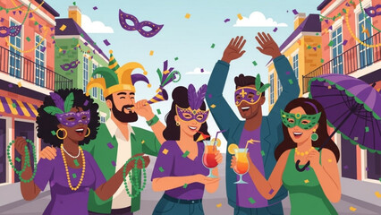 Mardi Gras celebration with diverse people in masks and costumes throwing confetti on a colorful street concept for festival and party