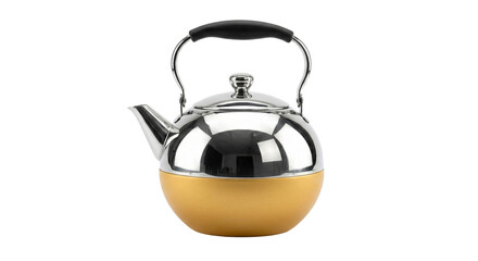 Obraz premium Polished Metal and Gold Base Tea Kettle with Handle and Spout isolated on transparent background