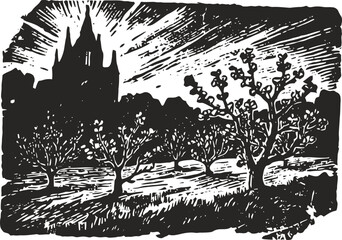 Obraz premium Vintage black and white illustration of orchard trees with castle silhouette background