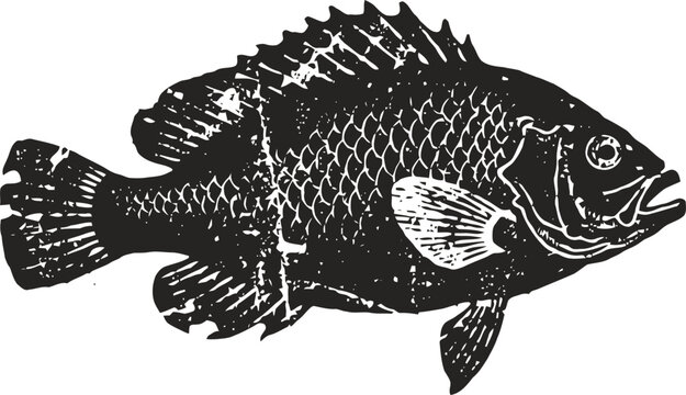 Detailed black and white illustration of a sunfish with textured scales and extended fins