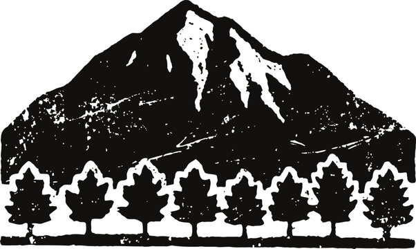 Mountain landscape with pine trees silhouette in black and white vintage design
