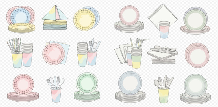 Collection of pastel-colored disposable party supplies including plates, cups, and cutlery, perfect for celebrations.