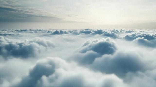 Clouds form a vast, unbroken blanket viewed from an aerial perspective, extending across the horizon with a bright, soft sky creating a serene and ethereal atmosphere