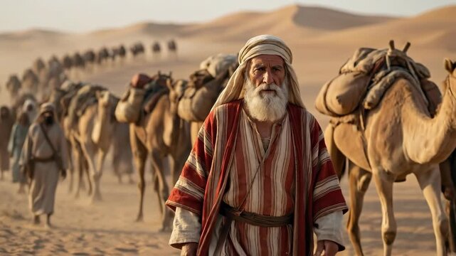 Elderly man with a long white beard in a desert caravan with many camels, ancient israelites journey biblical scene concept