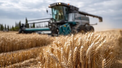 Obraz premium A large harvest machine cuts wheat in a field while dark clouds gather overhead during the late afternoon