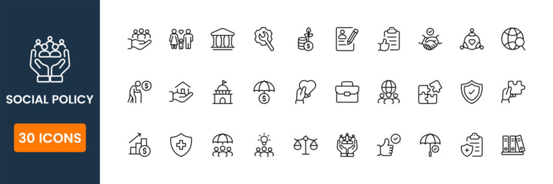 social policy icon set, government welfare and public policy symbols, social protection and rights vector icons for awareness projects
