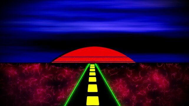 Animation of a road heading into a sunrise. Edited intentionally lo-fi, in the style of early 1980's computer graphics.