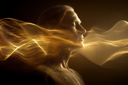 Portrait of Man Meditating with Golden Sound Waves Flowing Around Him, Inner Peace, Energy, and Spiritual Balance Concept
