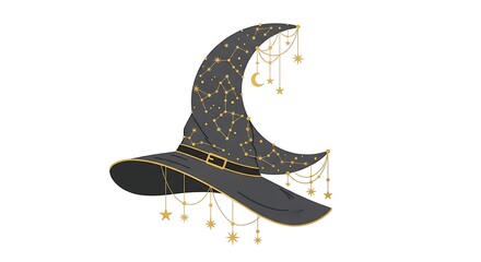A black magic witch hat illustration featuring a cartoon silhouette design for a Halloween costume icon or wizard fashion vector art symbol