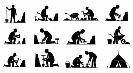 Archaeological Dig Site Silhouettes Showing Excavation Process. © Ping