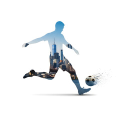 Fototapeta premium Double exposure soccer athlete city skyline creative composite on white background