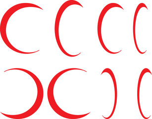 Red crescent moon shapes isolated on white background. Minimal curved Islamic symbol set with modern flat design style. Clean geometric elements for religion, flags, icons and festive graphics.