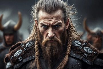 Viking warrior. Portrait of a brave Viking after a battle. Horizontal orientation