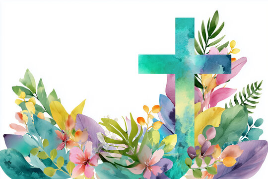 Christian Cross Clipart with Watercolor Easter Theme, Decorative Border and Banner on White Background