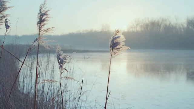 Reeds stand tall on the bank of a tranquil frozen lake, capturing the soft, hazy light of a cold winter morning, creating a serene and atmospheric natural landscape scene