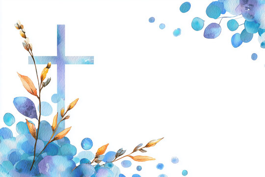 Christian Cross Clipart with Watercolor Easter Theme, Decorative Border and Banner on White Background