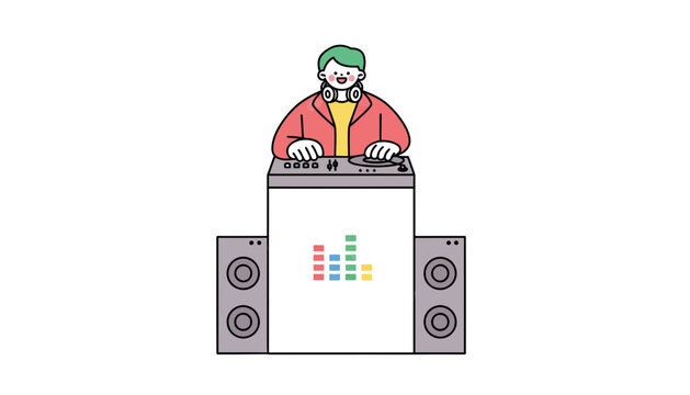A cartoon DJ wearing headphones and operating a sound system with speakers