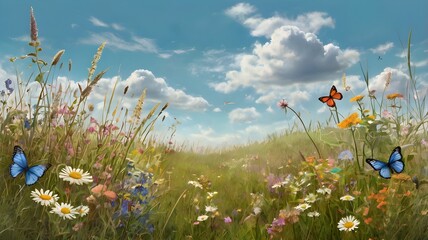 Wildflowers and Blue Butterflies in Sunny Meadow under Summer Sky