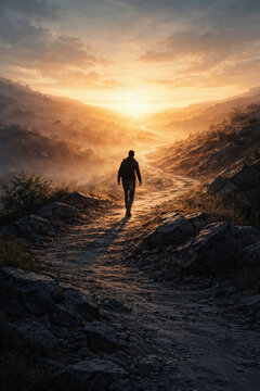 Man walking rocky path toward light symbolizing faith journey