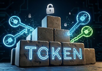 Digital token concept illustration featuring blocks with glowing token and security elements in a dark environment from a straight viewpoint