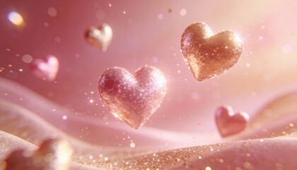 Fototapeta premium Floating Glitter Hearts in Soft Pink and Rose Gold Valentine Background with Sparkles and Bokeh Light , pink heart background