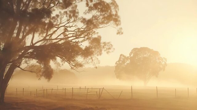 Warm sunlight filters through dense fog, creating a serene and ethereal atmosphere across a rural field with large silhouetted trees and a faint fence line during early morning