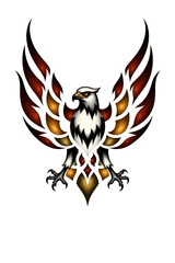 Fototapeta premium A bold and detailed emblem of an eagle with outstretched wings, featuring fiery red and gold feathers, sharp talons, and a powerful, regal presence.