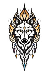 Fototapeta premium A striking tribal-style illustration of a wolf face surrounded by fiery flames, featuring intricate black and orange patterns and glowing eyes.
