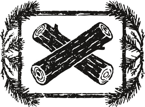 black and white sketch of two crossed wooden logs with pine branch frame rustic firewood illustration