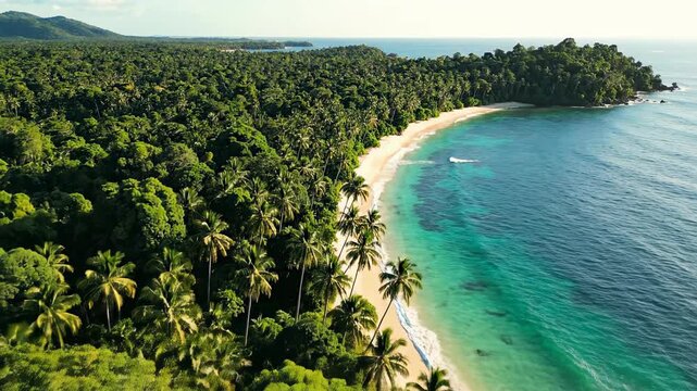 Sweeping cinematic drone shot moving horizontally over a dense, vast tropical palm jungle canopy revealing a pristine island landscape below outdoors, eco tourism, wilderness
