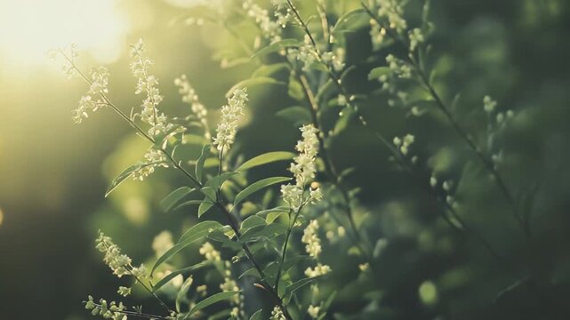 Green leafy branches with delicate white blossoms backlit by warm morning sun, soft bokeh and gentle light creating a tranquil, fresh spring scene perfect for nature themes
