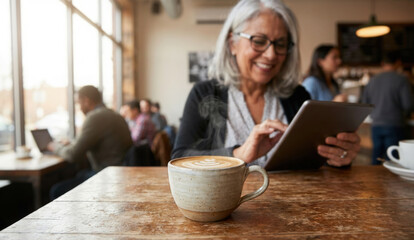 Smiling senior woman, wearing glasses and using a tablet in a warmly lit bustling cafe with steaming cup of coffee on an old wooden table in foreground