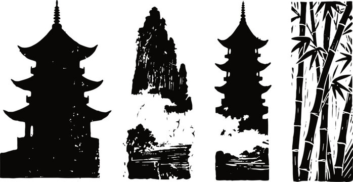 Silhouettes of asian pagodas and bamboo trees in black with white background, traditional oriental