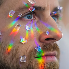 Striking male portrait with face adorned with translucent crystal shards. Vibrant prism light refracts through the crystals, casting a brilliant spectrum across his skin. Creative aesthetic effect
