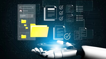 Futuristic Robotic Hand Holding Digital Documents with Check Marks in a Tech-Inspired Environment Representing Data Management and File Organization Gluon. © InfiniteFlow