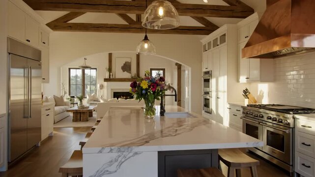 Modern kitchen with marble island and copper range hood in open plan living space 4k video