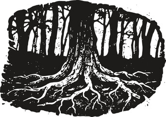 Obraz premium Large tree with extensive roots spreading underground in black and white forest silhouette