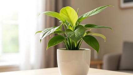 A potted green plant with large leaves sits on a light colored table indoors