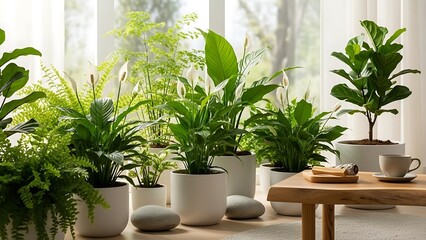 Many potted plants on floor beside wooden table with cup and saucer in bright room