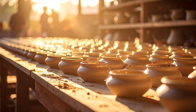 Pottery making at sunset with craftspeople working in a workshop showing clay pots on a table
