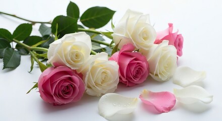 Fototapeta premium Pink and White Roses Bouquet on White.