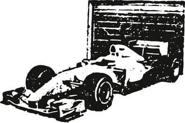 Obraz premium Formula one racing car illustration in black and white with aerodynamic design and rear wing
