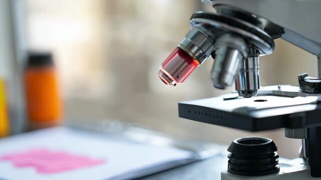 Focused view on microbiology gram stain sample in microscope softfocused background shows diagnostic notes and lab equipment on bench.