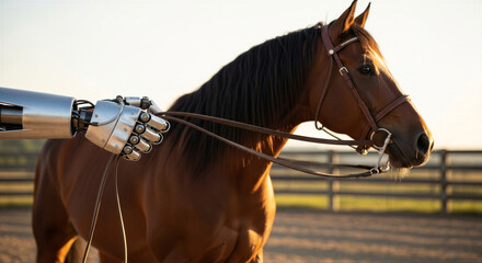 Obraz premium Robotic arm holding reins with brown horse in outdoor arena