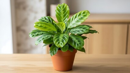 A small potted plant with large green leaves sits on a wooden table indoors