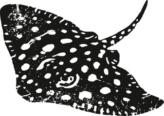 Fototapeta premium Black spotted eagle ray silhouette with textured distress effect on a white background
