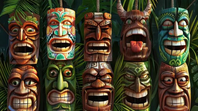 Video A collection of colorful wooden tiki masks hang from the wall, perfect for decoration or cultural theme settings