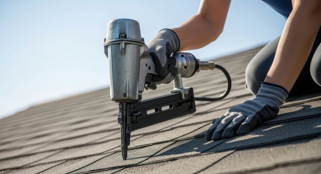 Woman roofer installing shingles on a roof with a pneumatic nailer. Construction woman working in residential building trade.