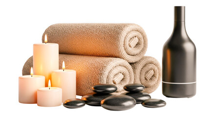 Spa stones candles towels and bottle.